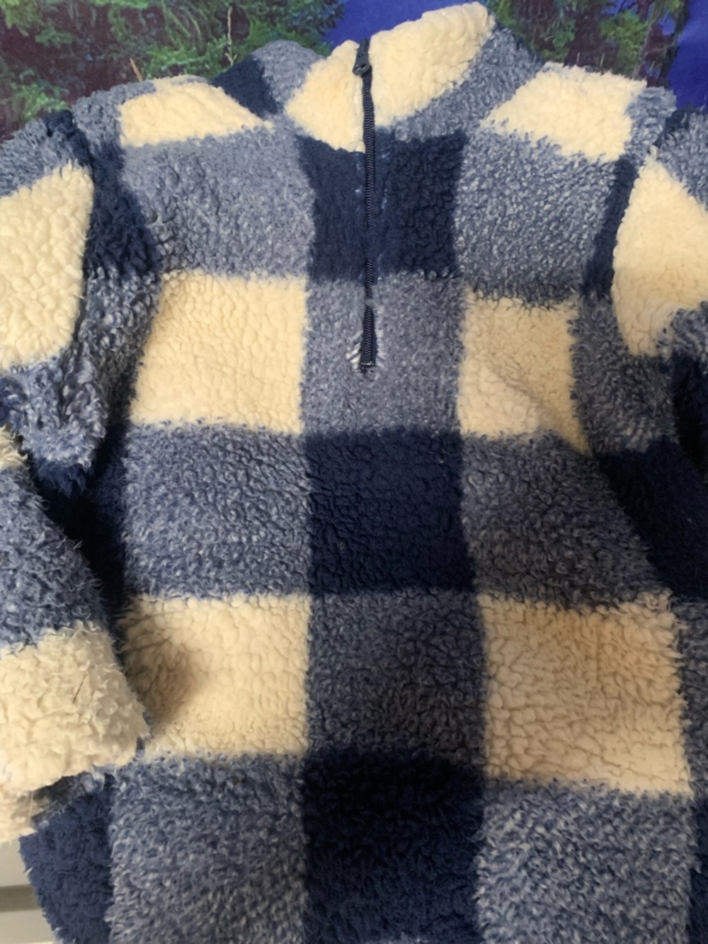 Men's Navy and Cream Check Sherpa Quarter-Zip Pullover